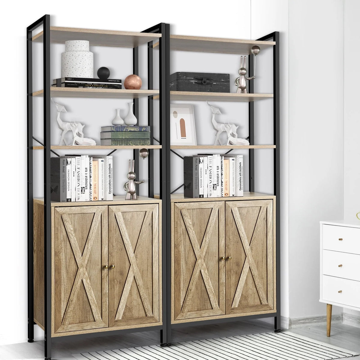 MONVANE Farmhouse Bookshelf and Bookcase with Doors, Crosshatch Design, 4 Shelves, Light Grey