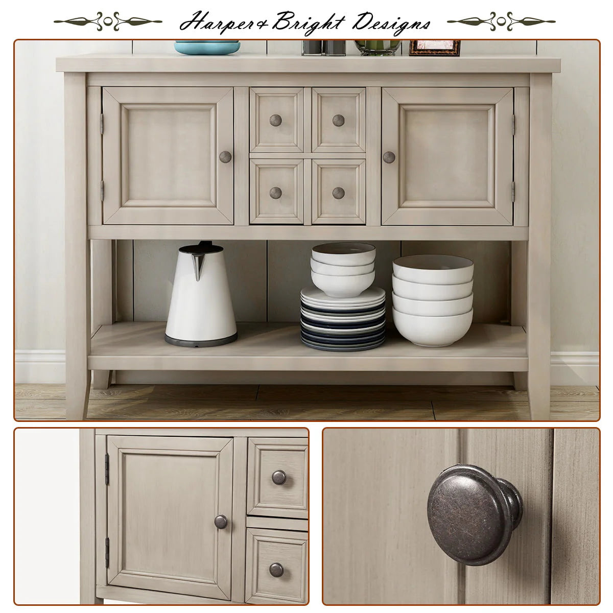 Buffet Sideboard, 46" Dining Room Console Table with 4 Storage Drawers, 2 Cabinets, 1 Bottom Shelf, Antique Grey, Q3687