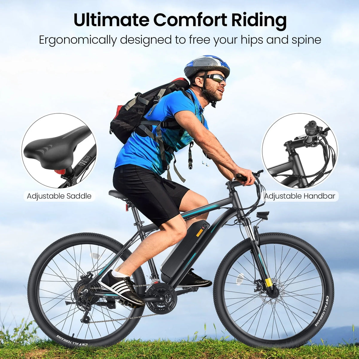 Funcid Electric Bike, Electric Bike for Adults 26'' E-Bikes 350W Adult Electric Bicycle, 19.8MPH Electric Mountain Bike with Lockable Suspension Fork, Removable Battery, Shimano 21-Speed Gears-Blue