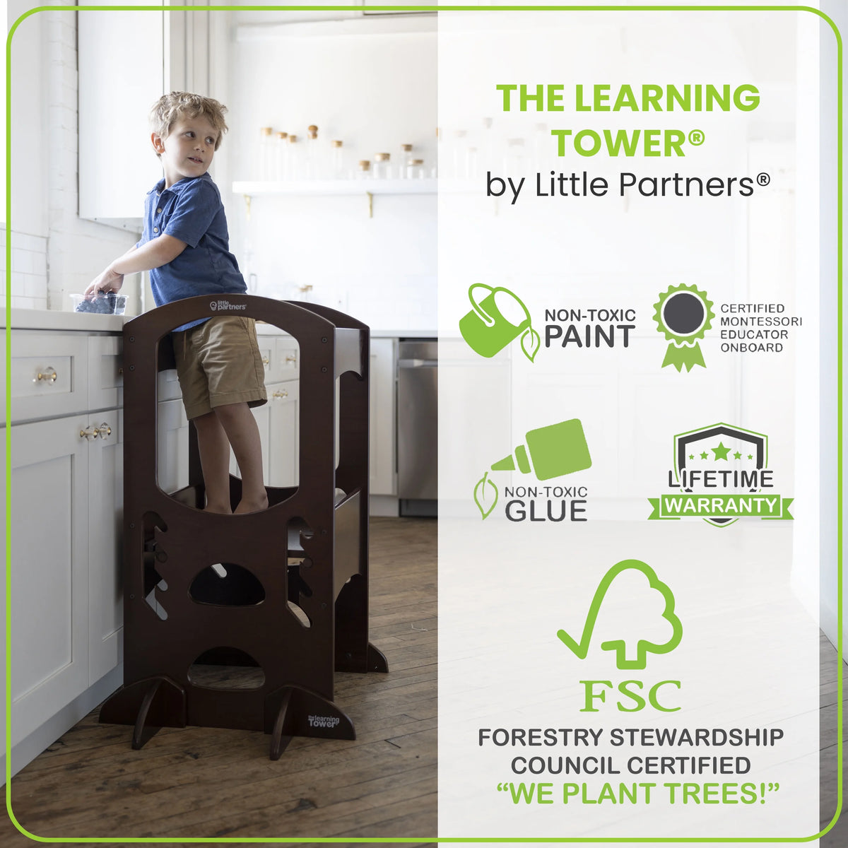 Little Partners Learning Tower Adjustable Height Kitchen Step Stool, Toddler Tower, Encourages Learning, Independence, and Engagement, Safety Climbing Tower for Kitchen Counter - Soft White