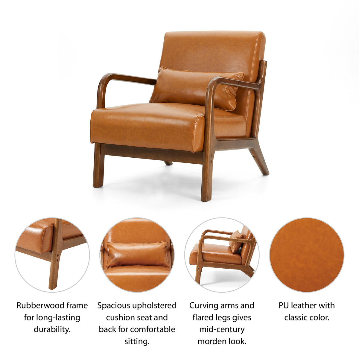Glitzhome Mid Century Solid Wood Frame Accent Chair Modern Leather Lazy Chair