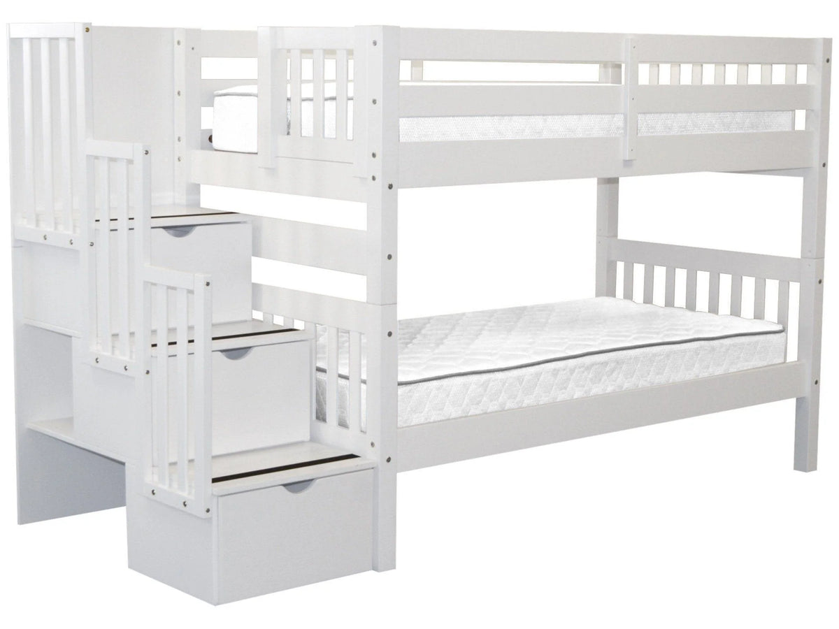 Bedz King Stairway Bunk Beds Twin over Twin with 3 Drawers in the Steps, White