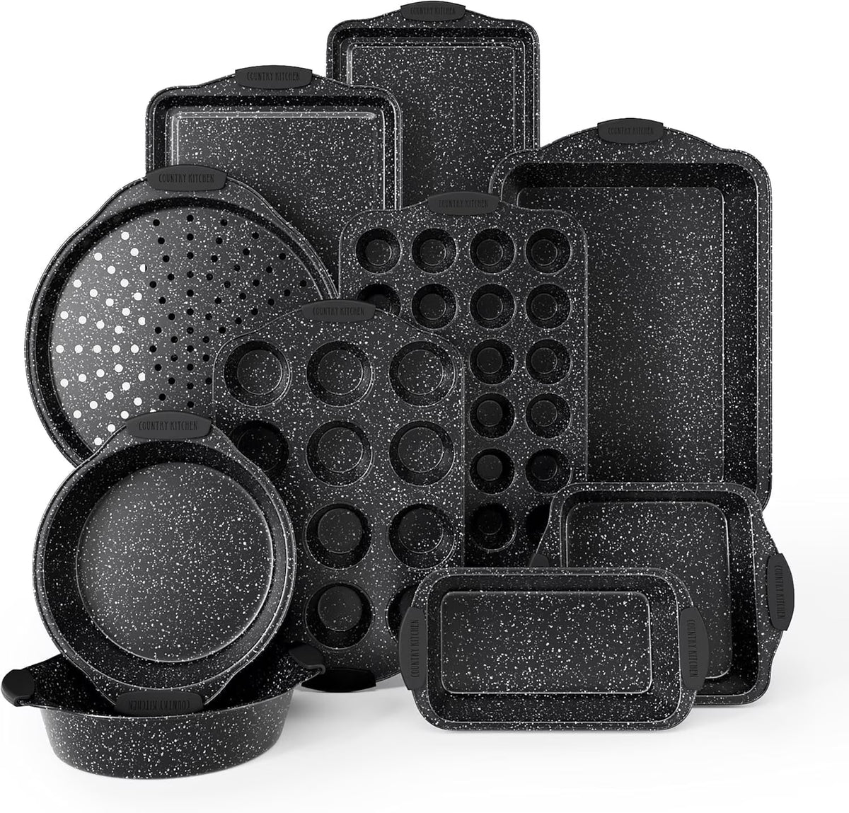 Country Kitchen 10-Piece Nonstick Bakeware Set - Stackable Pots and Pans, Black