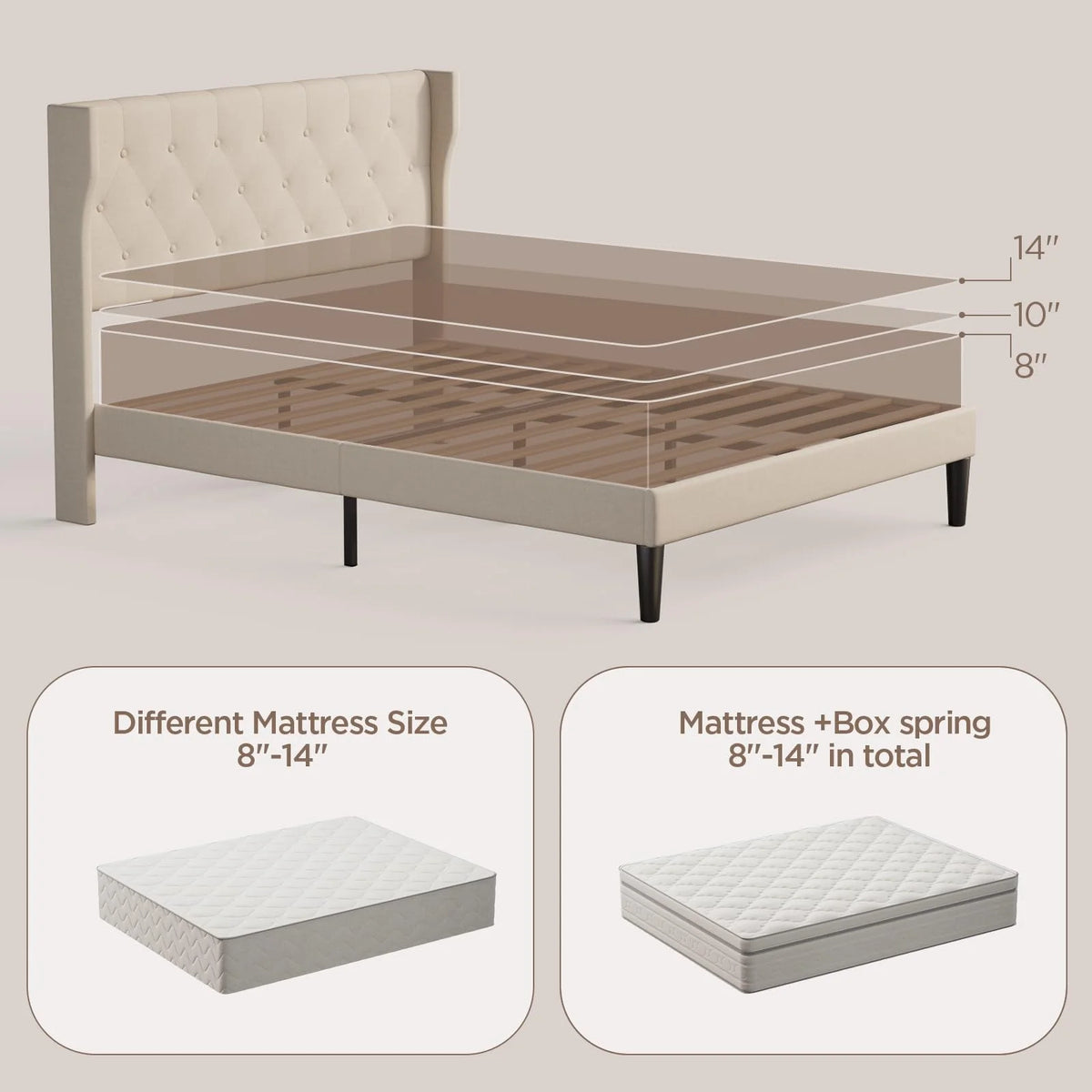 Full Size Bed Frame with Headboard, Under-Bed Storage, 850lbs, Beige