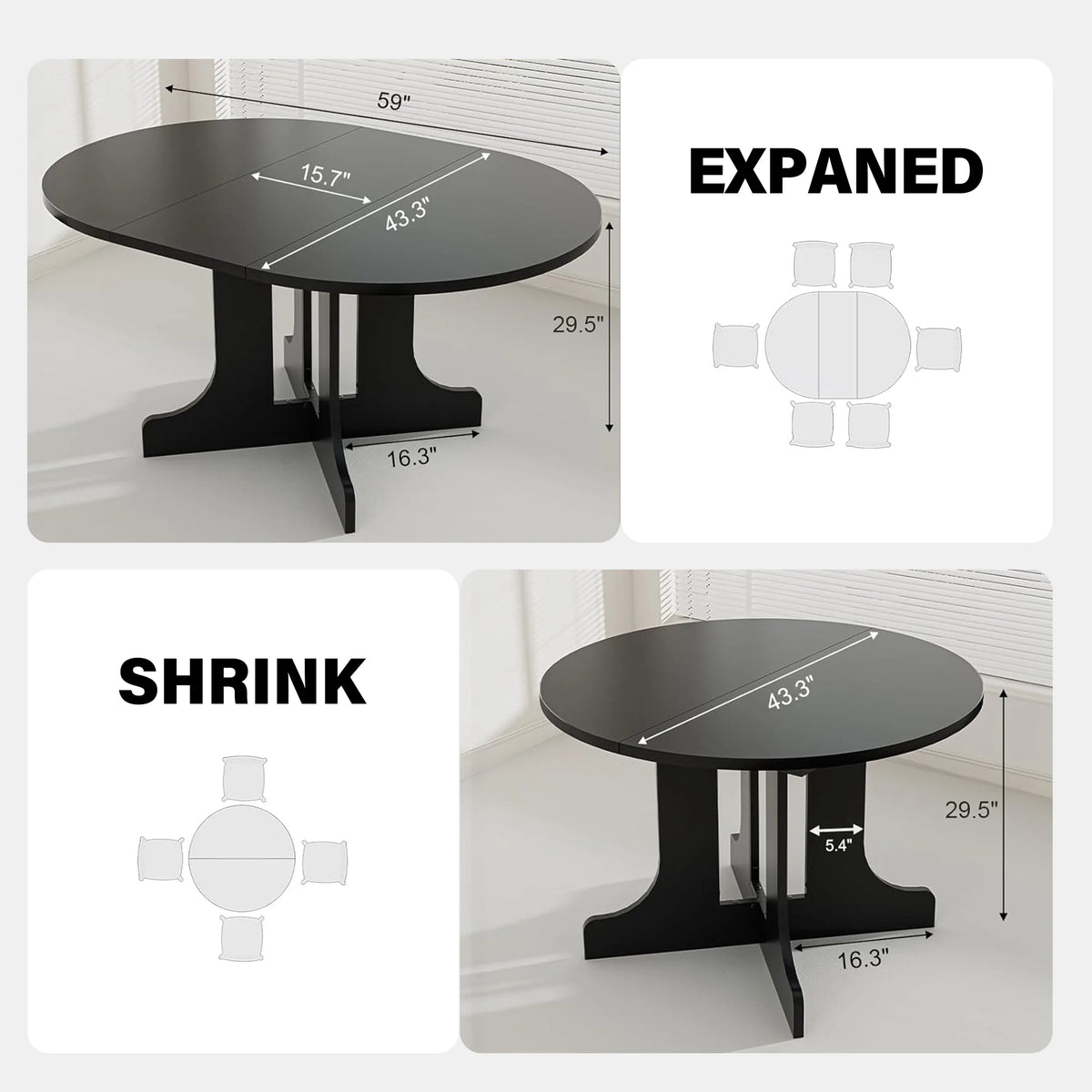 Aukfa Extendable Dining Room Table for 4-6,Oval Table Top with Removable Leaf for Kitchen Dining Living Room,Black