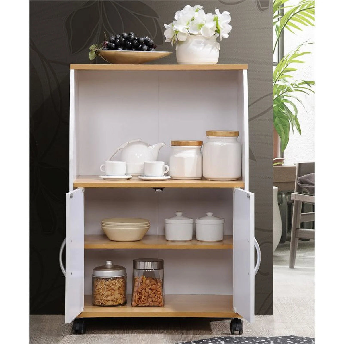 Pemberly Row Microwave Kitchen Cart in Beech