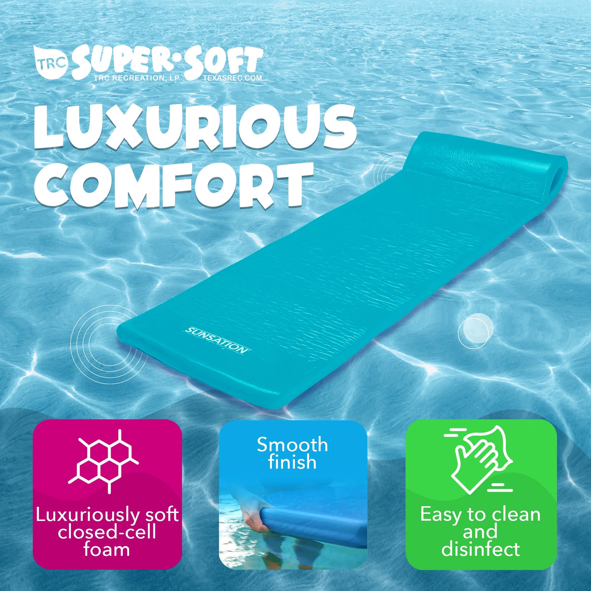 TRC Recreation Sunsation 1.75" Thick Foam Pool Float Lounger w/ Headrest, 2 Pack, Teal