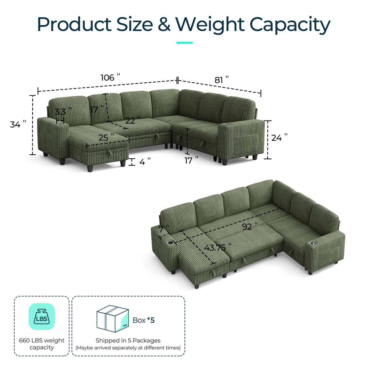 Linsy Home Plush Corduroy Sleeper Sofa Bed with Reversible Storage Chaise, Pull Out Couch Bed with USB, Cup Holder, Side Pocket, L Shaped Sectional Couches for Living Room, Apartment, Dark Grey