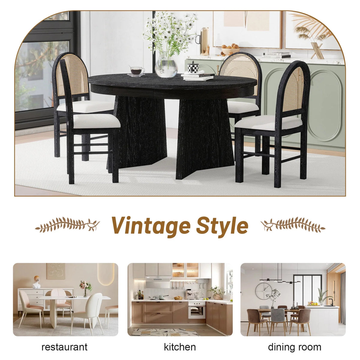 5-Piece Extendable Dining Table Set for 4 People, Solid Wood Kitchen Table Set with 4 Upholstered Chairs and Rattan Backrests for Dining Room and Kitchen, Natural