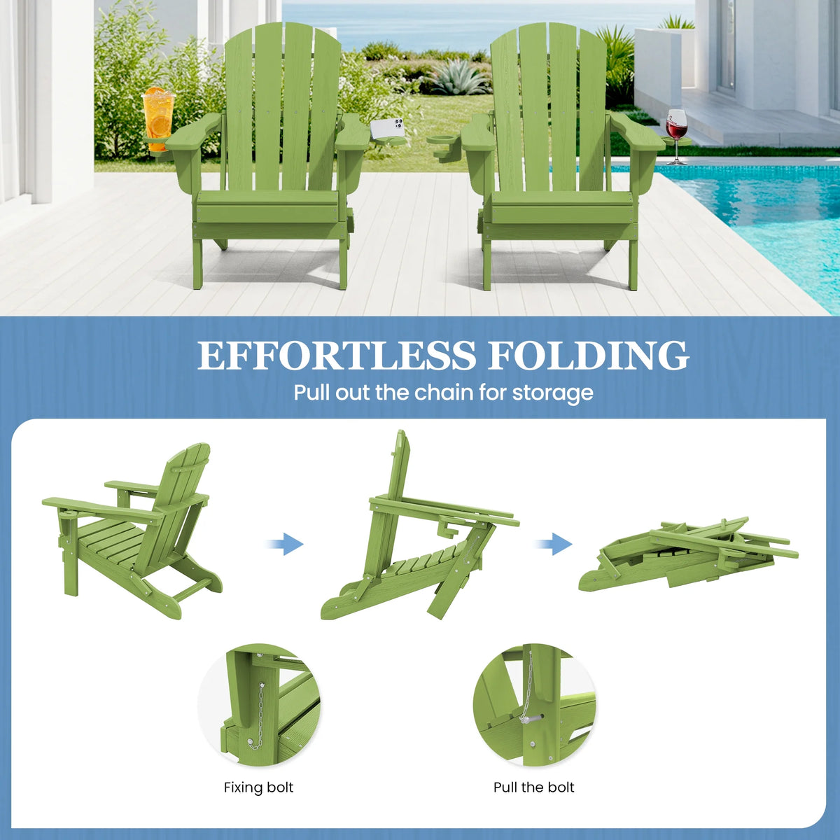 SERWALL Folding Adirondack Chair Set with Dual Cup Holders & Phone Holder, All-Weather HDPE Fire Pit Chairs for Outdoor, Patio, Poolside, Garden - Black