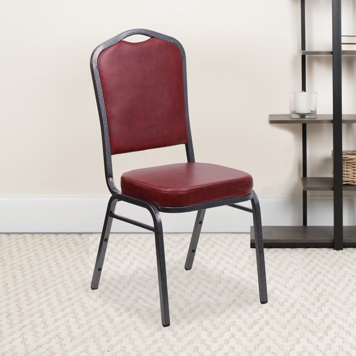 Emma + Oliver 4 Pack Crown Back Stacking Banquet Chair in Navy Vinyl - Silver Vein Frame