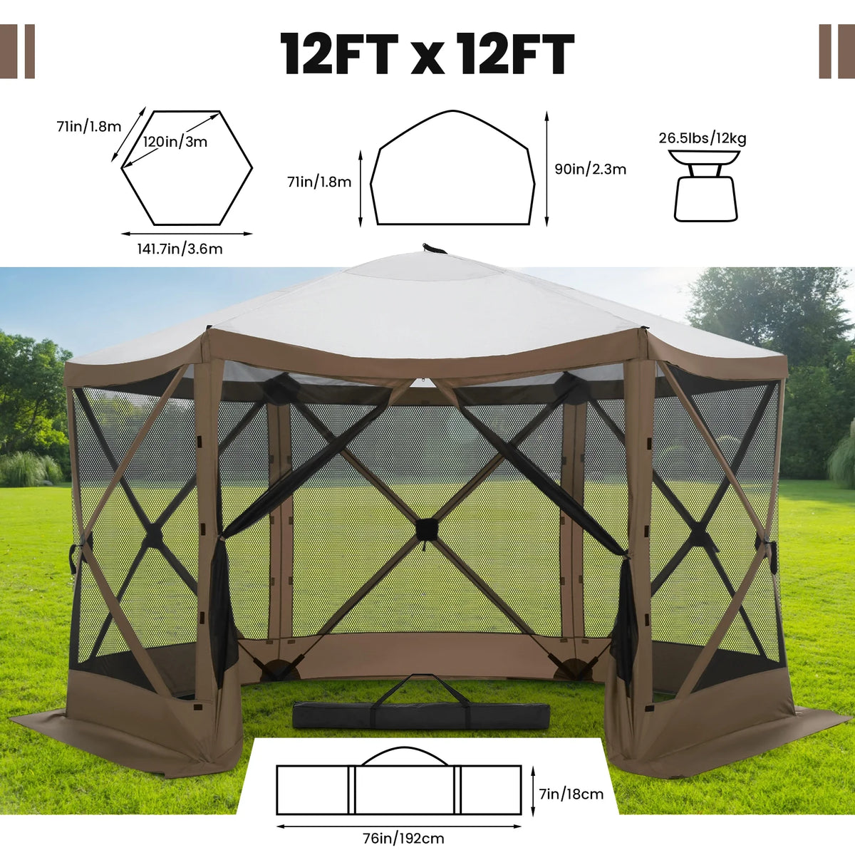 SANOPY 12'x12' Gazebo Outdoor Pop up Gazebo Screen Tent with 6 Sides Mosquito Netting Camping Gazebo Instant Shelter Glamping Tent with Carry bag, Ground Spike, Gray