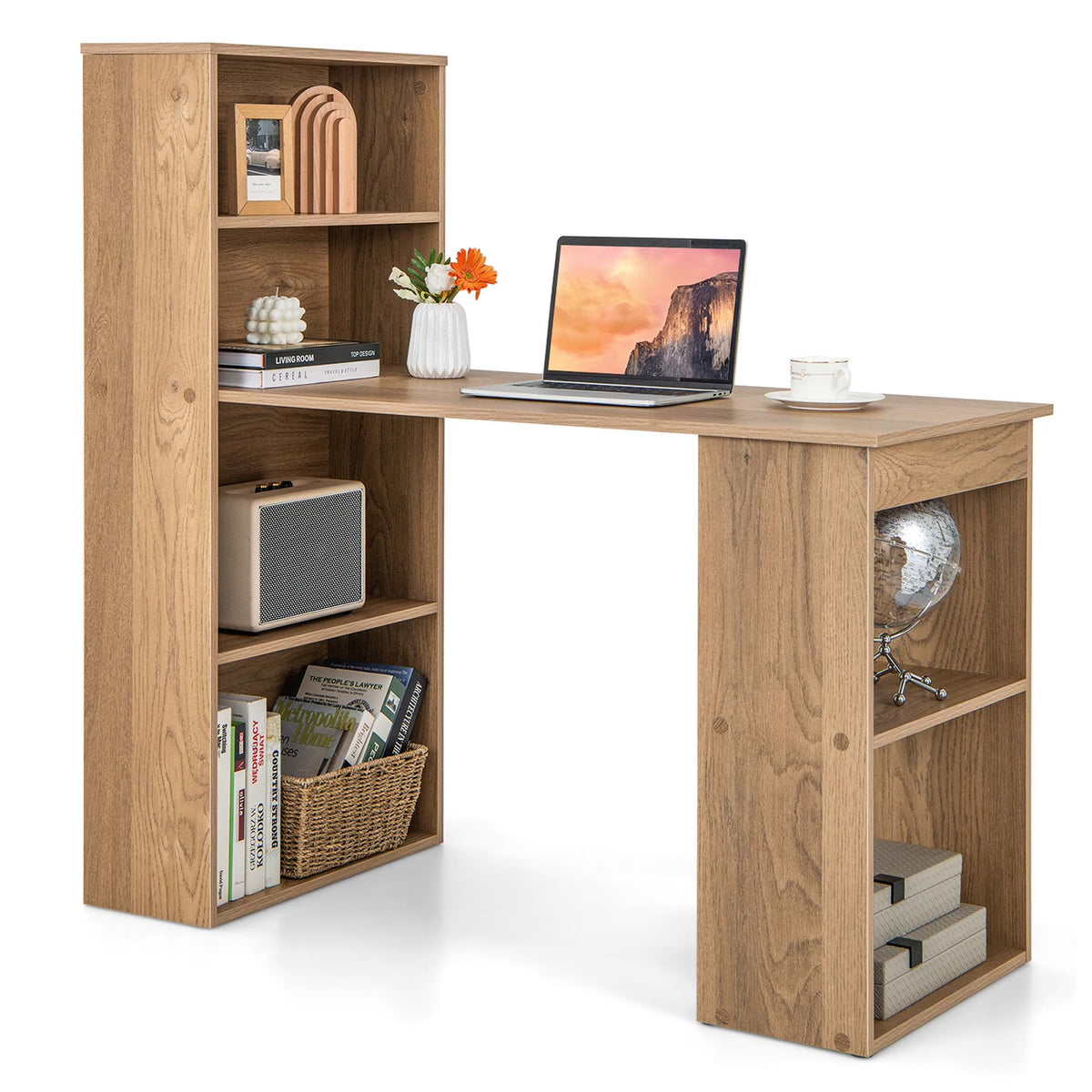 Costway Computer Desk Writing  Workstation Office 6-Tier Storage Shelves Natural