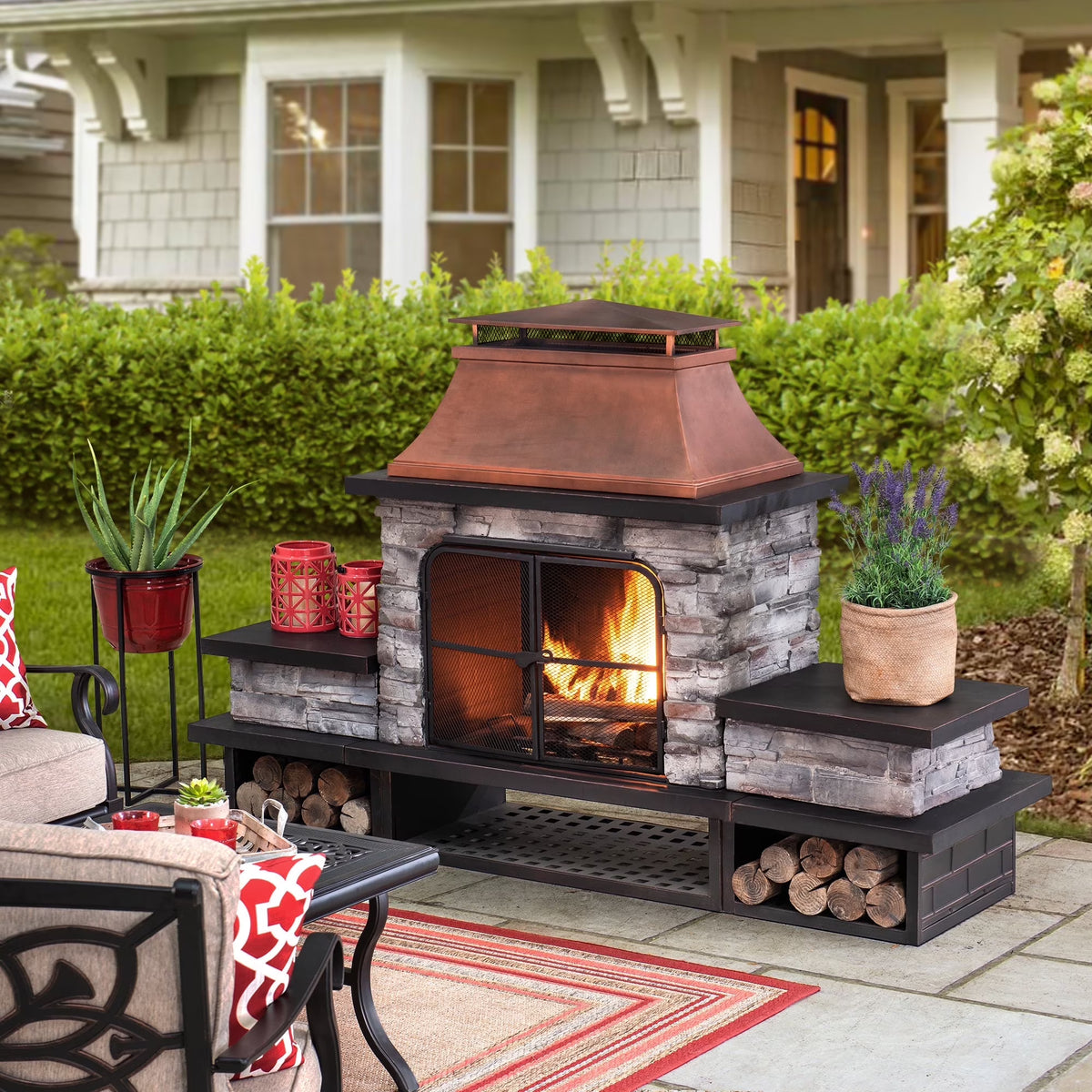 SUNJOY Outdoor 48 inch Steel Wood Burning Stone Fireplace with Fire Poker and Removable Grate