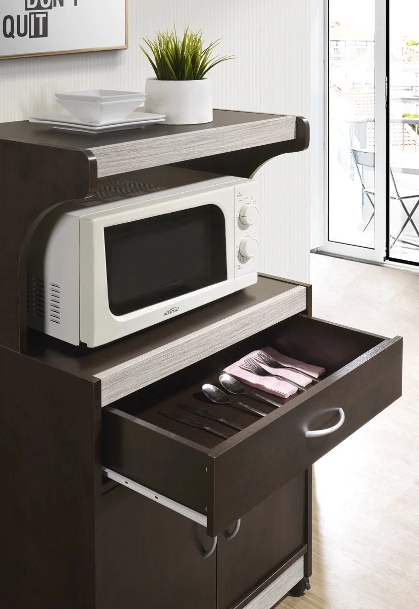 Hodedah Microwave Contemporary Wooden Kitchen Cart in Cherry Finish