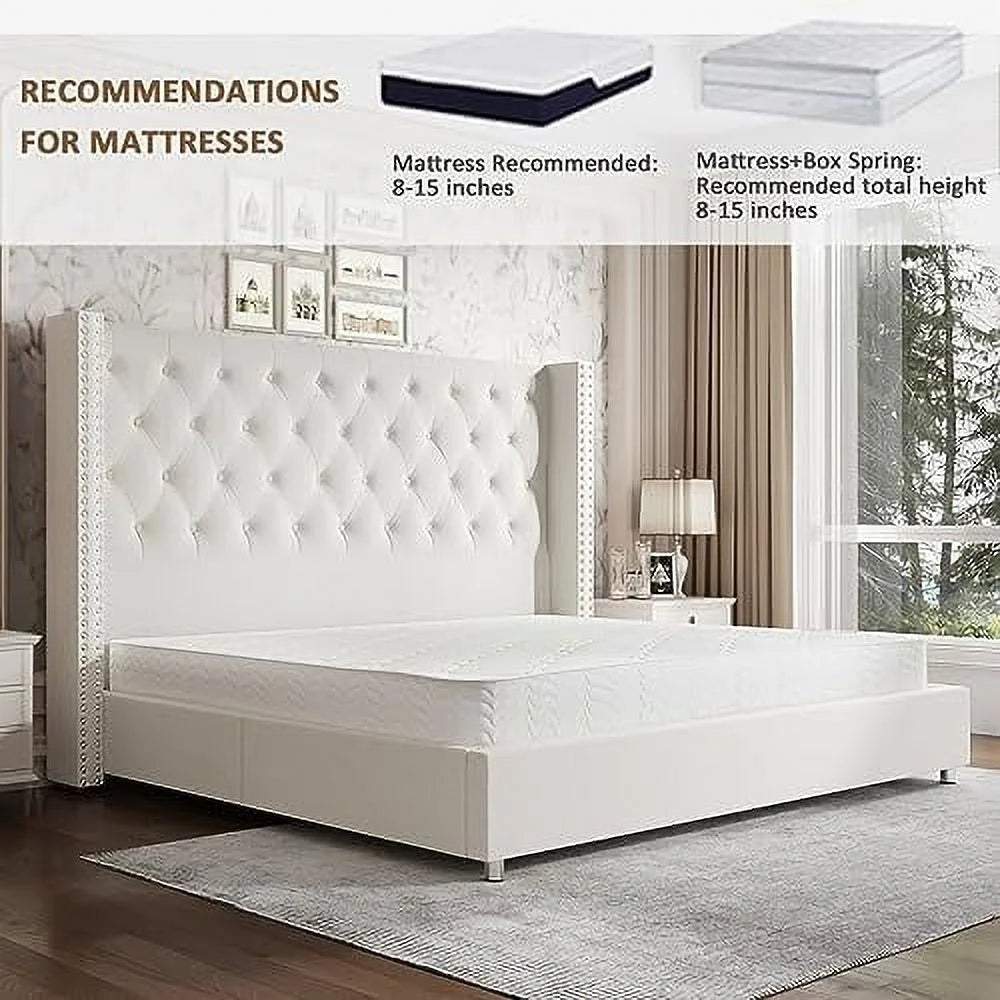 VanAcc Queen Bed Frame Upholstered Bed Wingback Headboard Velvet Tufted Diamond Button/No Box Spring Needed/Easy Assembly/Gray