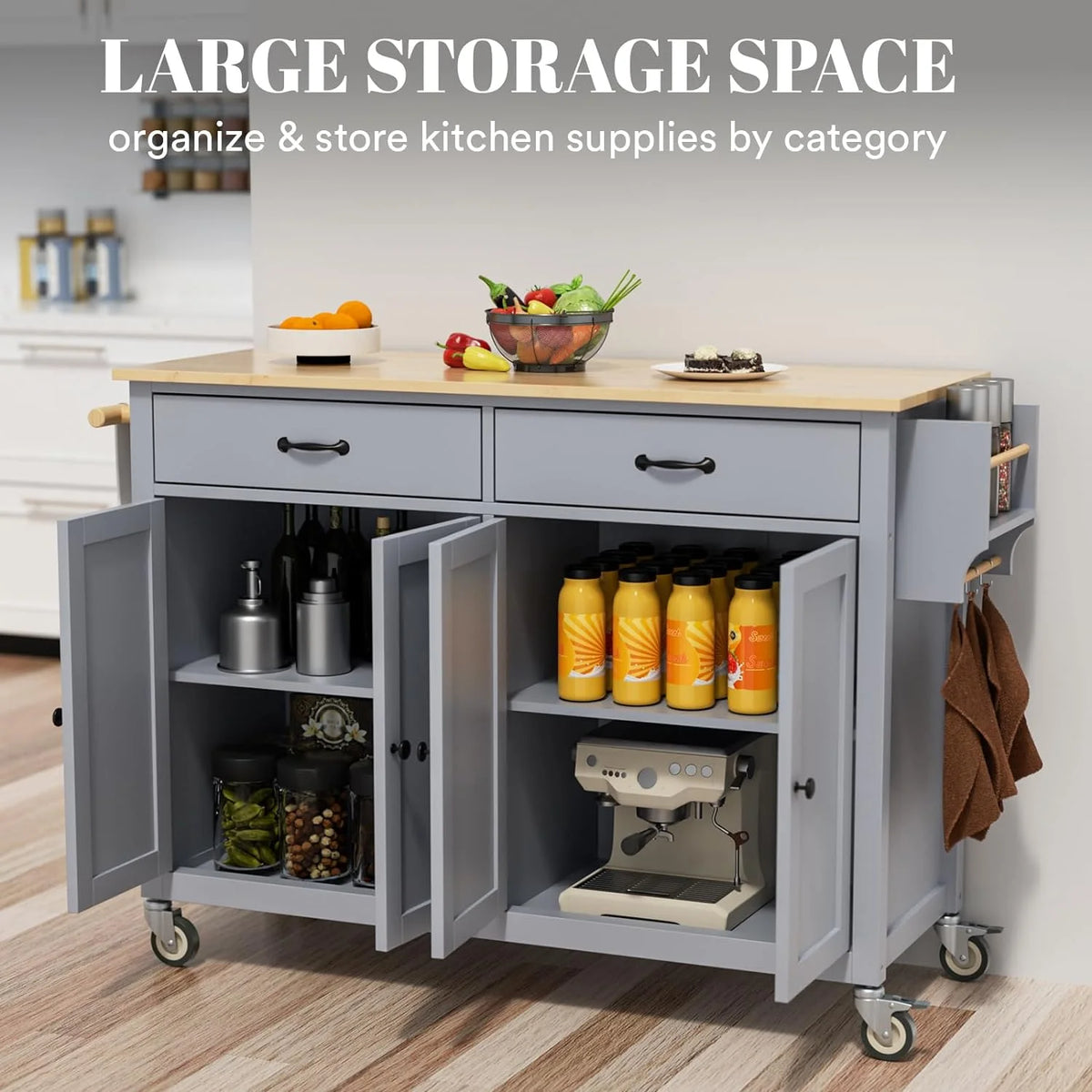 ZIVACATE Rolling Kitchen Island with Drop Leaf and Storage Large 53 in Movable Kitchen Carts White