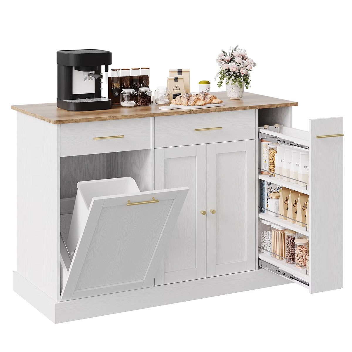 DreamCurship 52" Kitchen Island with Storage, Rolling Kitchen Cart Island with Wheels, Tilt Out Kitchen Trash Cabinet 10 Gallon Storage, 3 Large Spice Racks and 2 Drawers, White