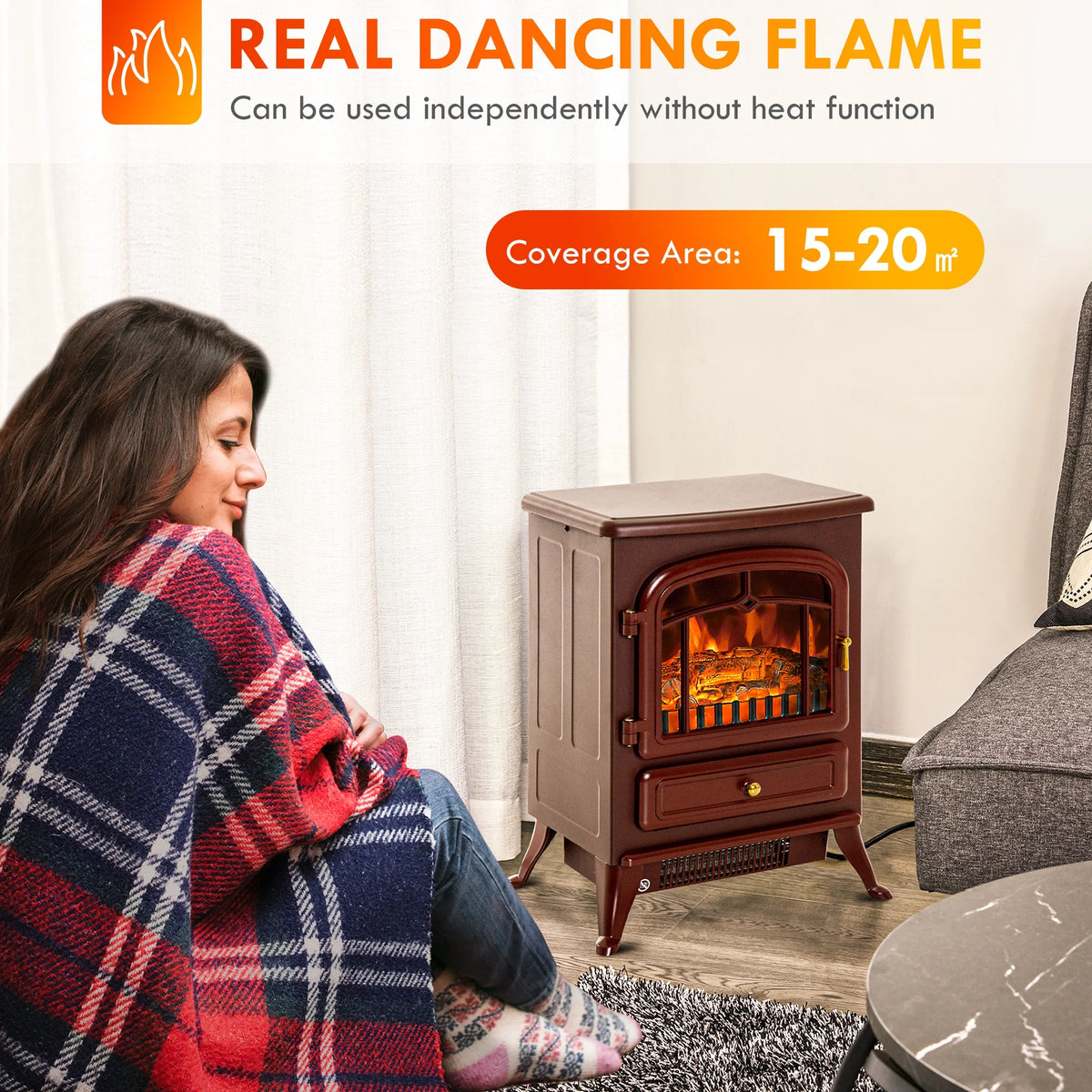 HOMCOM Electric Fireplace Heater, Fireplace Stove with Realistic LED Flames and Logs, and Overheating Protection, 725W/1450W, Red