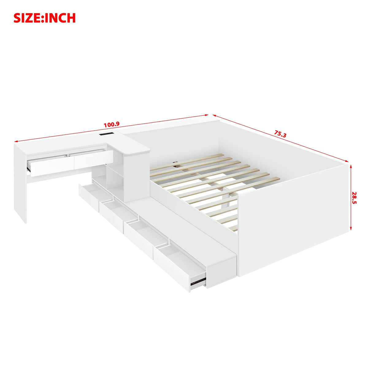 Full Size White Wooden Platform Bed w/ 6 Drawers, Vanity Desk &amp; Shelves - Bedroom Furniture. Space-saving design. Includes storage, perfect for small spaces. 75.3"L x 100.9"W.