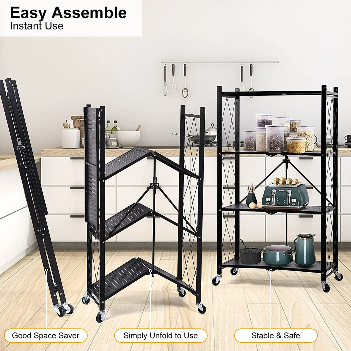 Vebreda 4-Tier Storage Shelf Foldable Metal Shelving Units with Wheels, Black