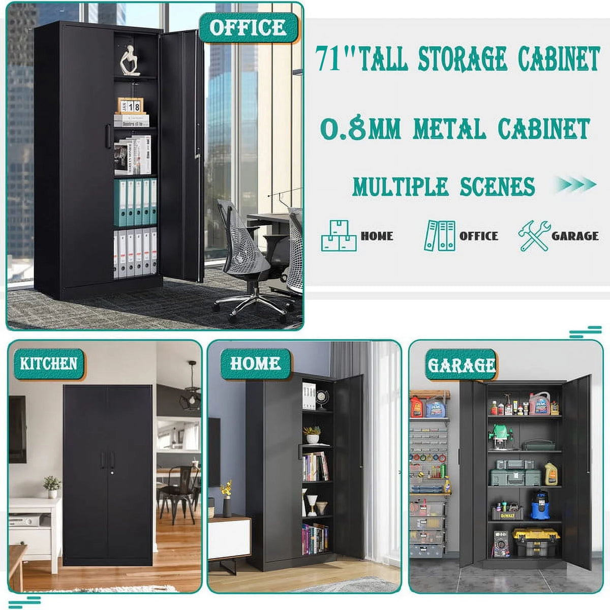 MIIIKO Metal Storage Cabinet 71" Locking Metal Storage Cabinet with 5 Adjustable Shelves, Black Metal Cabinet with 2 Doors and Lock for Office, Garage, Home