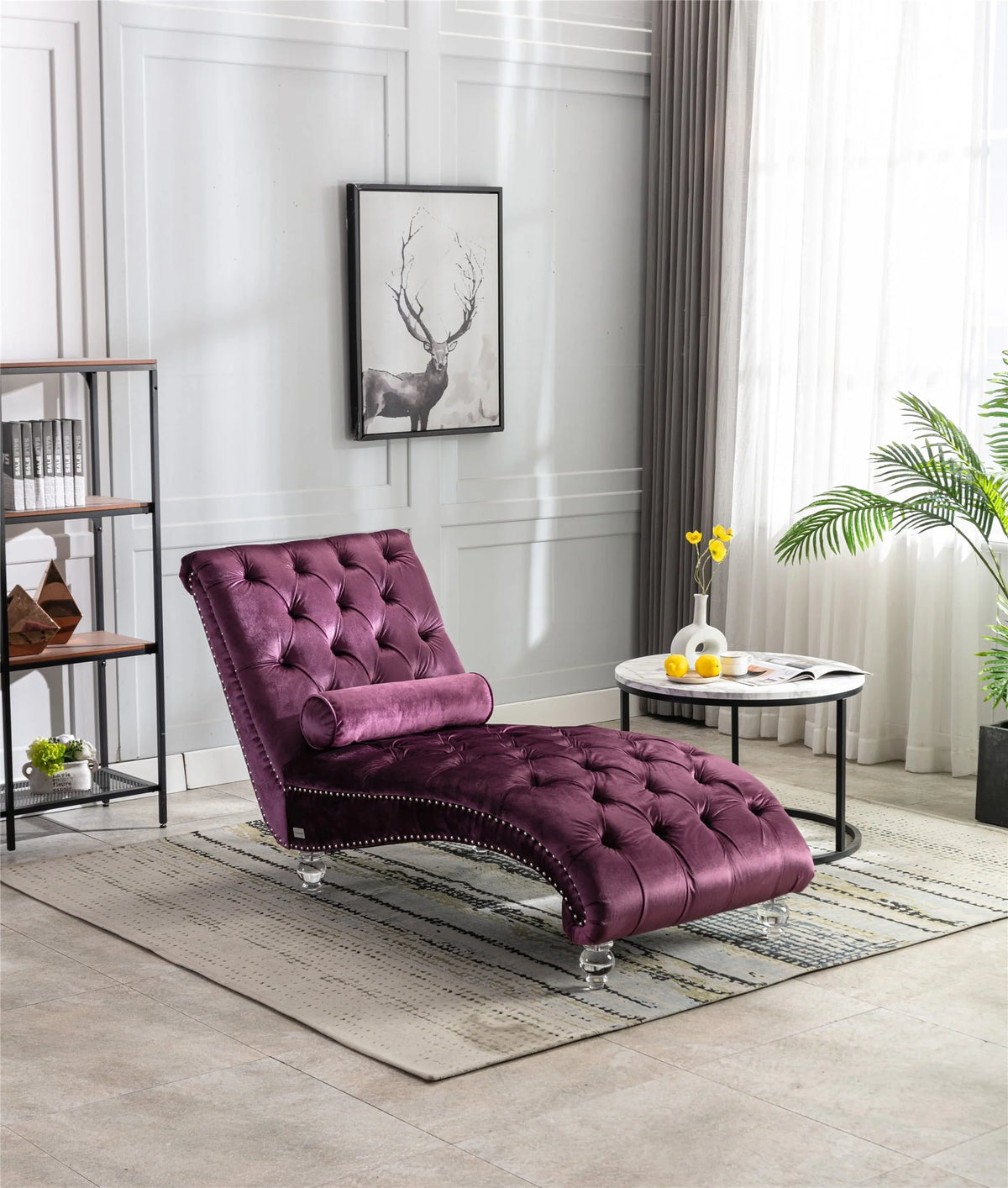 Velvet Chaise Lounge Chair, Modern Button Tufted Lounge Chair with Acrylic Legs and Nailhead Trim, Upholstered Sleeper Chair with Toss Pillow for Living Room Bedroom, Purple