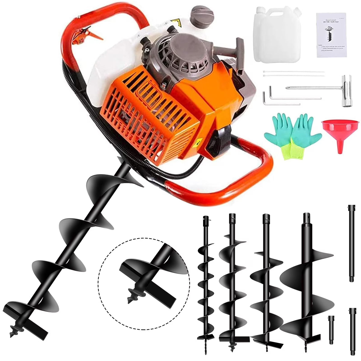 PRIJESSE Gas Powered Earth Digger Post Hole Digger with 3 Extension Rods + 3 Auger Drill Bits