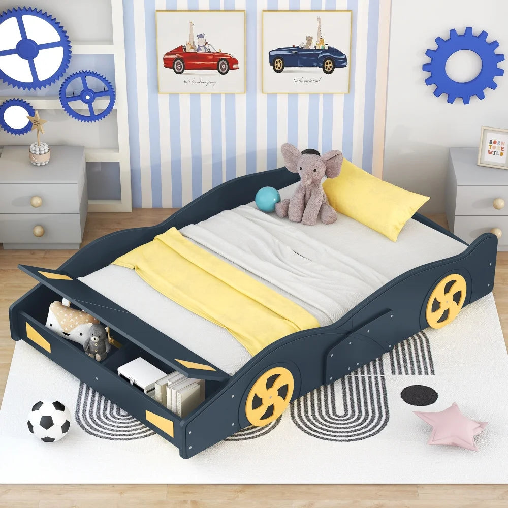 Full Size Modern Race Car-Shaped Platform Bed with Wheels and Storage, Solid Wood Platform Bed Frame with Sturdy Slat Support for Kids, Boys, Girls(Dark Blue)