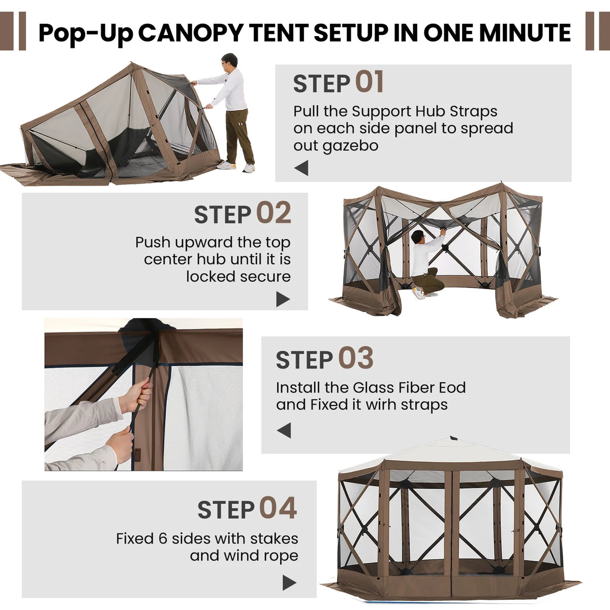 SANOPY 12'x12' Gazebo Outdoor Pop up Gazebo Screen Tent with 6 Sides Mosquito Netting Camping Gazebo Instant Shelter Glamping Tent with Carry bag, Ground Spike, Gray