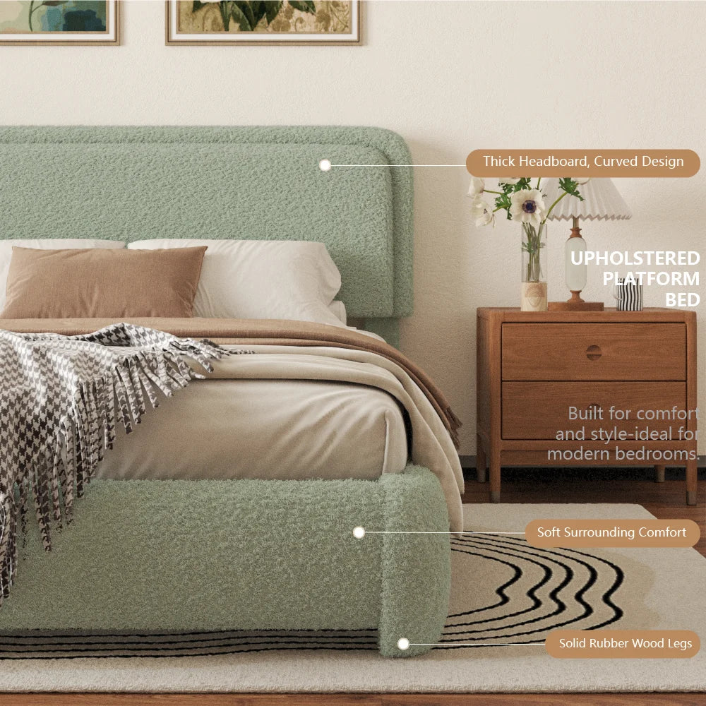 VIPLOV King Size Boucle Bed Frame, Cloud Upholstered Platform Bed with Height Adjustable Headboard & Soft Rounded Corners, No Noise Free, Easy Assembly,Beige