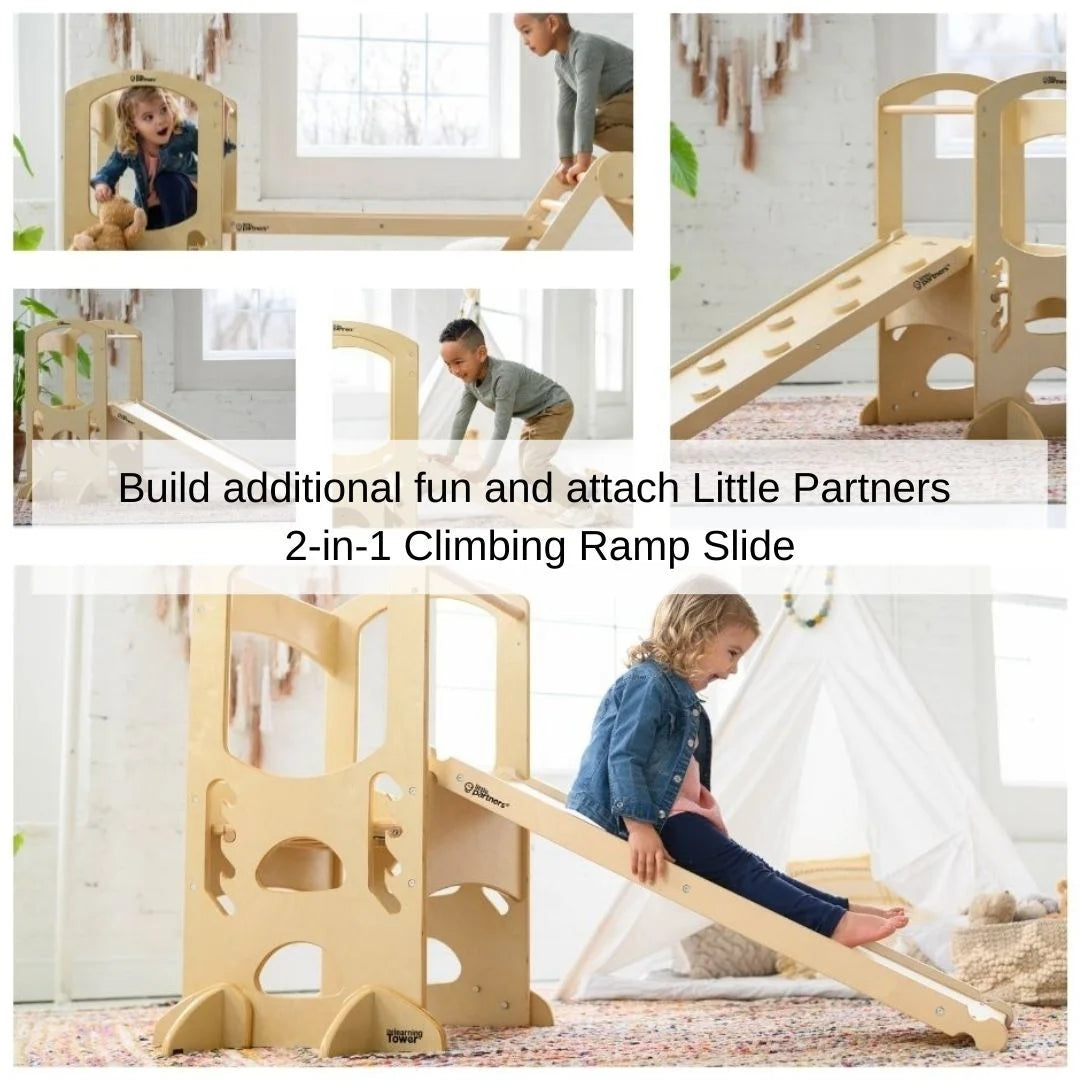 Little Partners Learning Tower Adjustable Height Kitchen Step Stool, Toddler Tower, Encourages Learning, Independence, and Engagement, Safety Climbing Tower for Kitchen Counter - Soft White