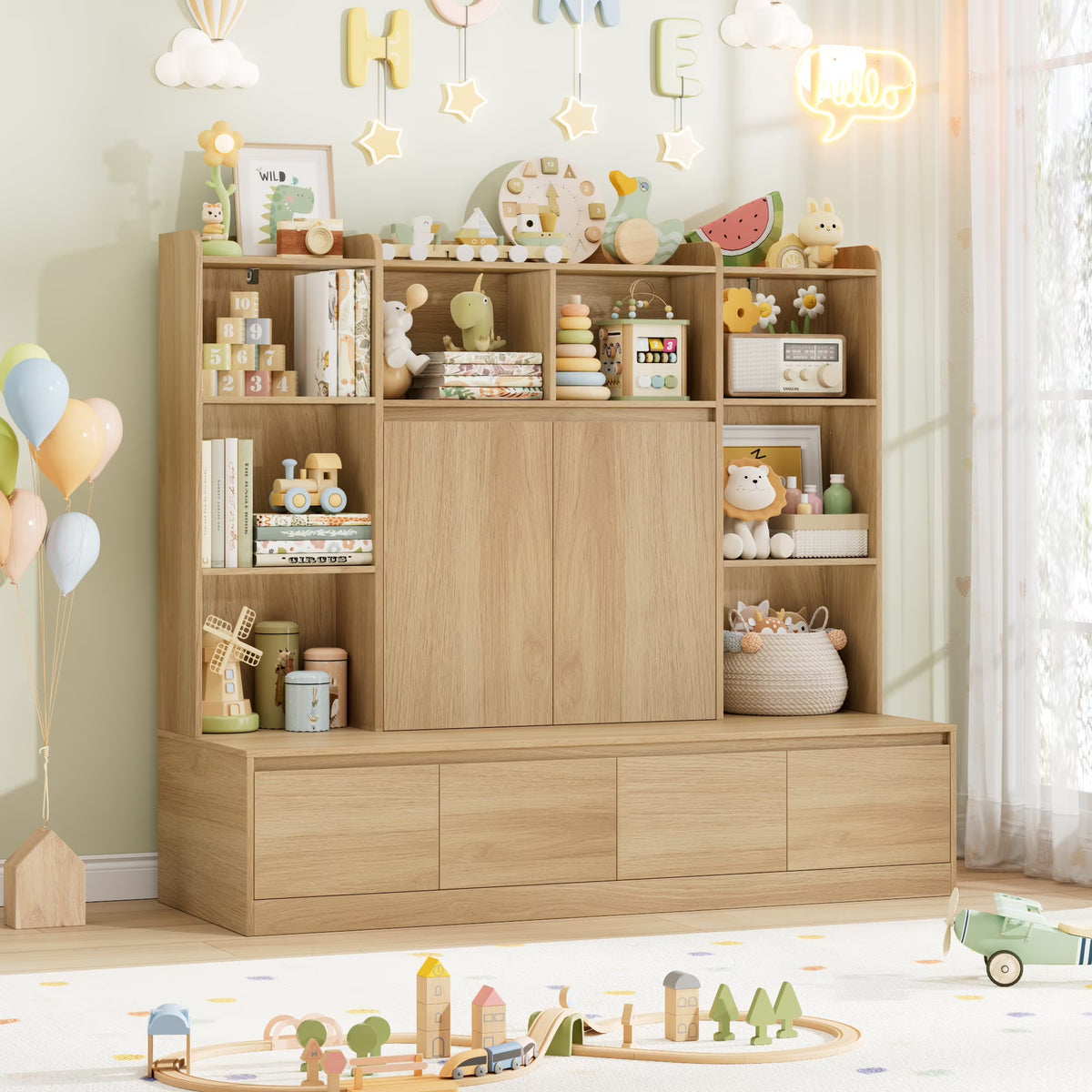 Homfa 10 Cubes Kids Toy Storage Organizer, 4 Drawers Kids Bookcase and Bookshelf with Doors & Adjustable Shelves for Playroom Kids Room, White