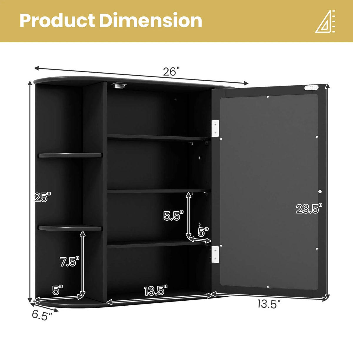 Costway, White, Medium Density Fiberboard, Multipurpose Mount Wall Surface Cabinet Mirror Glass, 26.00 x 6.50 x 23.50 Inches