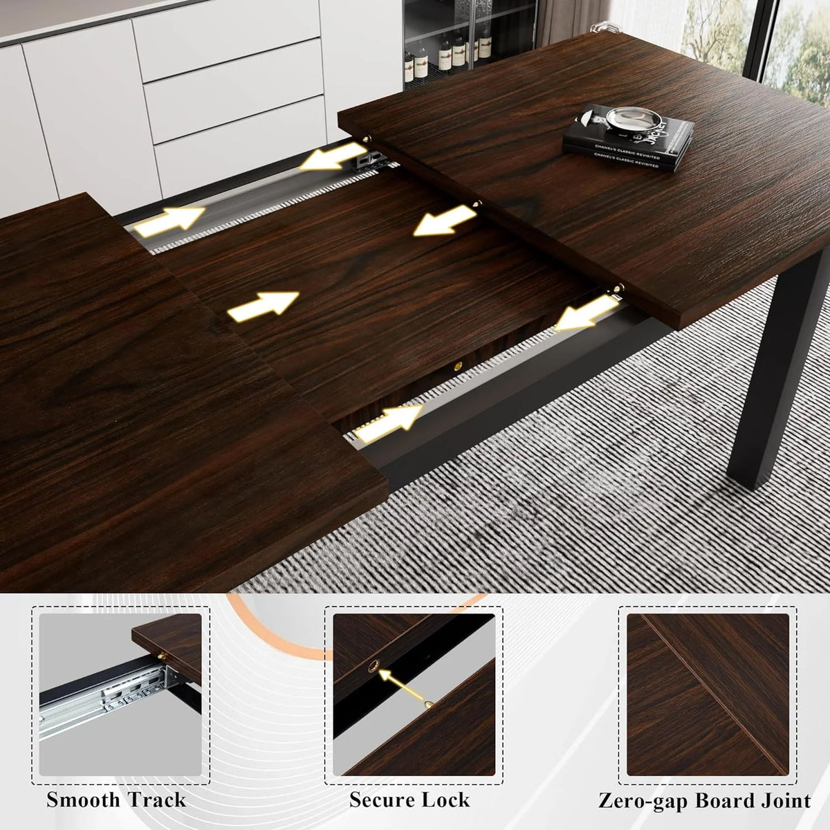 iPormis 5-Piece Dining Table Set for 4-8 People, Extendable Kitchen Table Set with 2 Benches and 2 Square Stools, Black