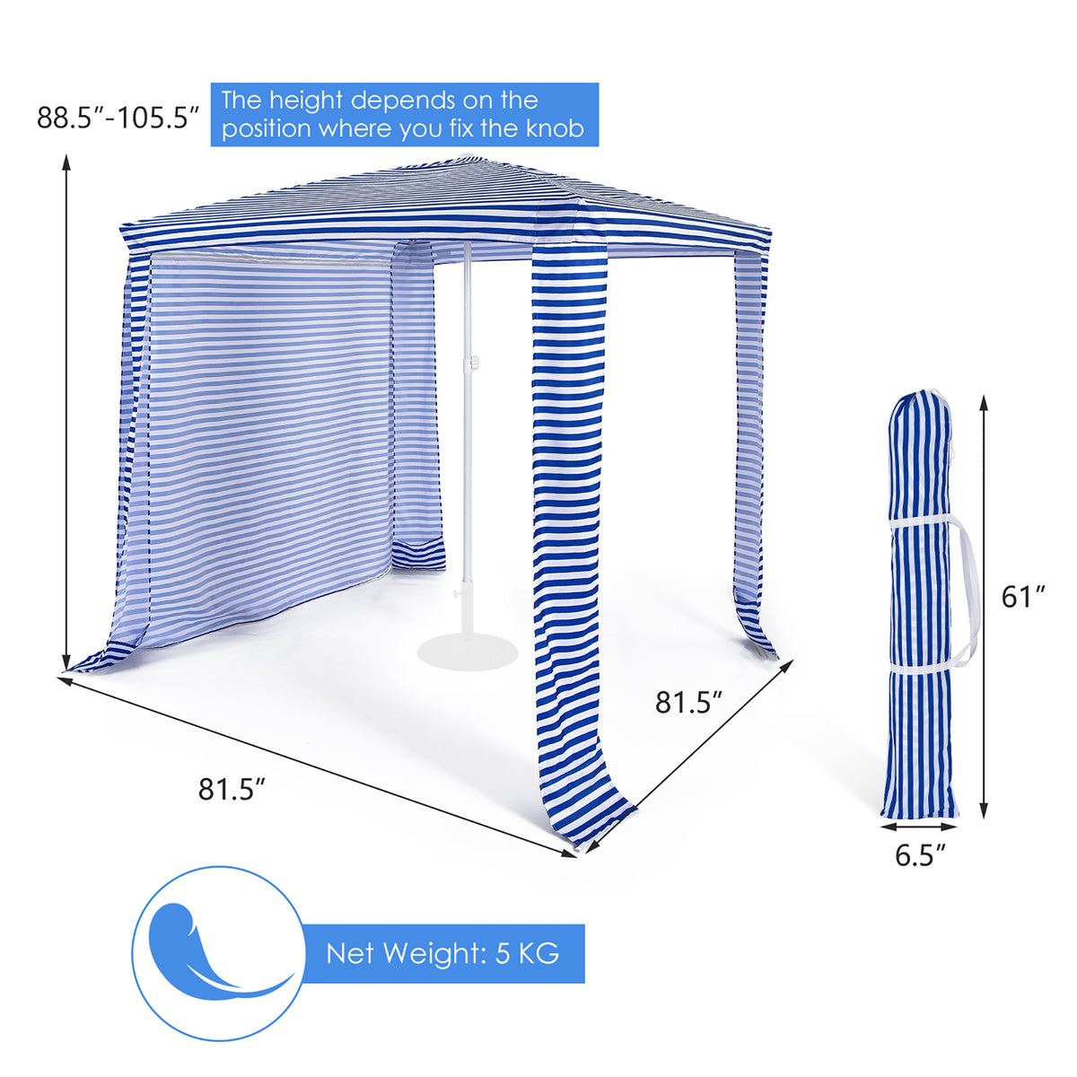 Costway 6.6' x 6.6' Foldable Beach Cabana Easy-Setup Beach Canopy W/ Carry Bag Blue