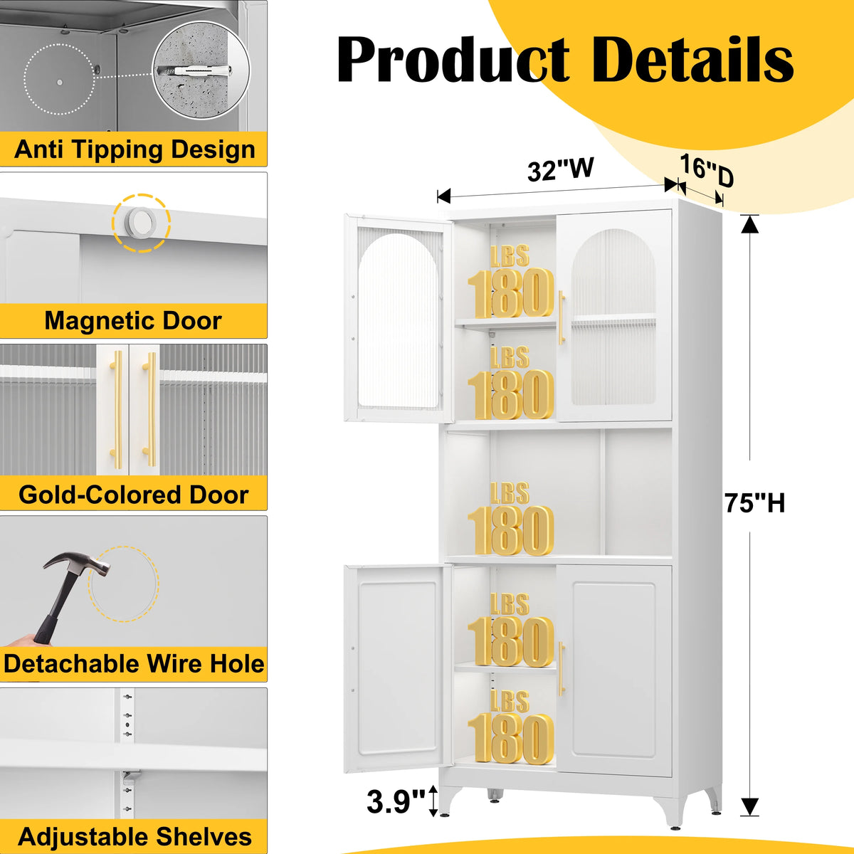 Polup 75" Tall Metal Homes Kitchen Storage Cabinets with Doors and Shelves, Modern Black