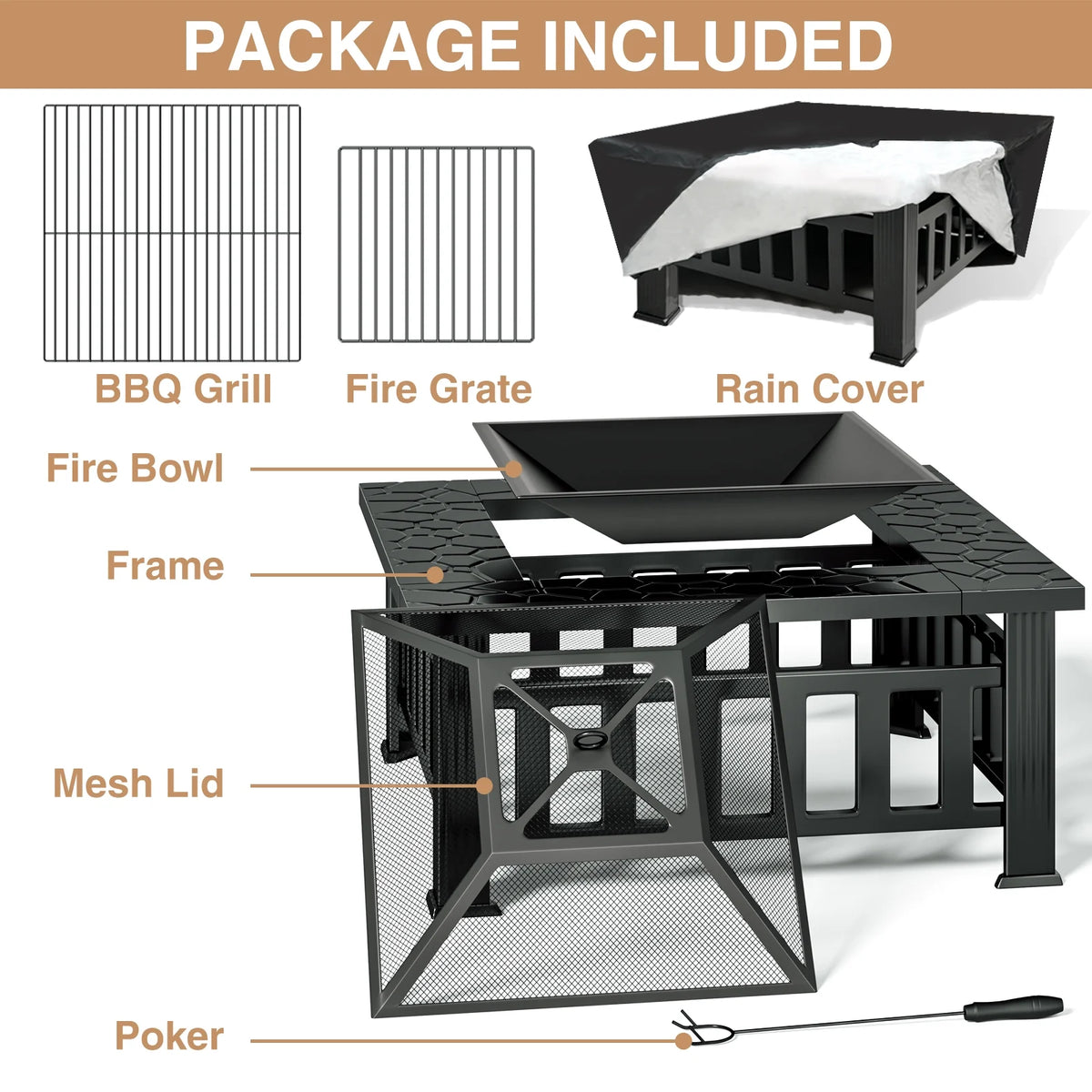 KingChii 32" Fire Pit Table Wood Burning Square Metal Firepit for Outdoor, Patio Backyard BBQ with Mesh Lid, Poker and Cover, Black
