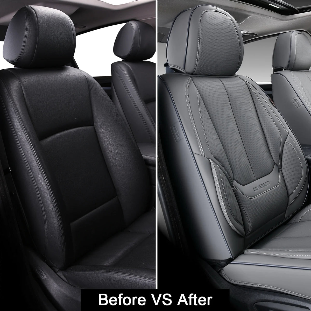 Coverado Black Front Car Seat Covers, Stylish Waterproof Premium Leather Automotive Seat Protectors, Airbag Compatible Auto Interior Accessories Universal Fit for Most Cars SUV Pick-up Trucks