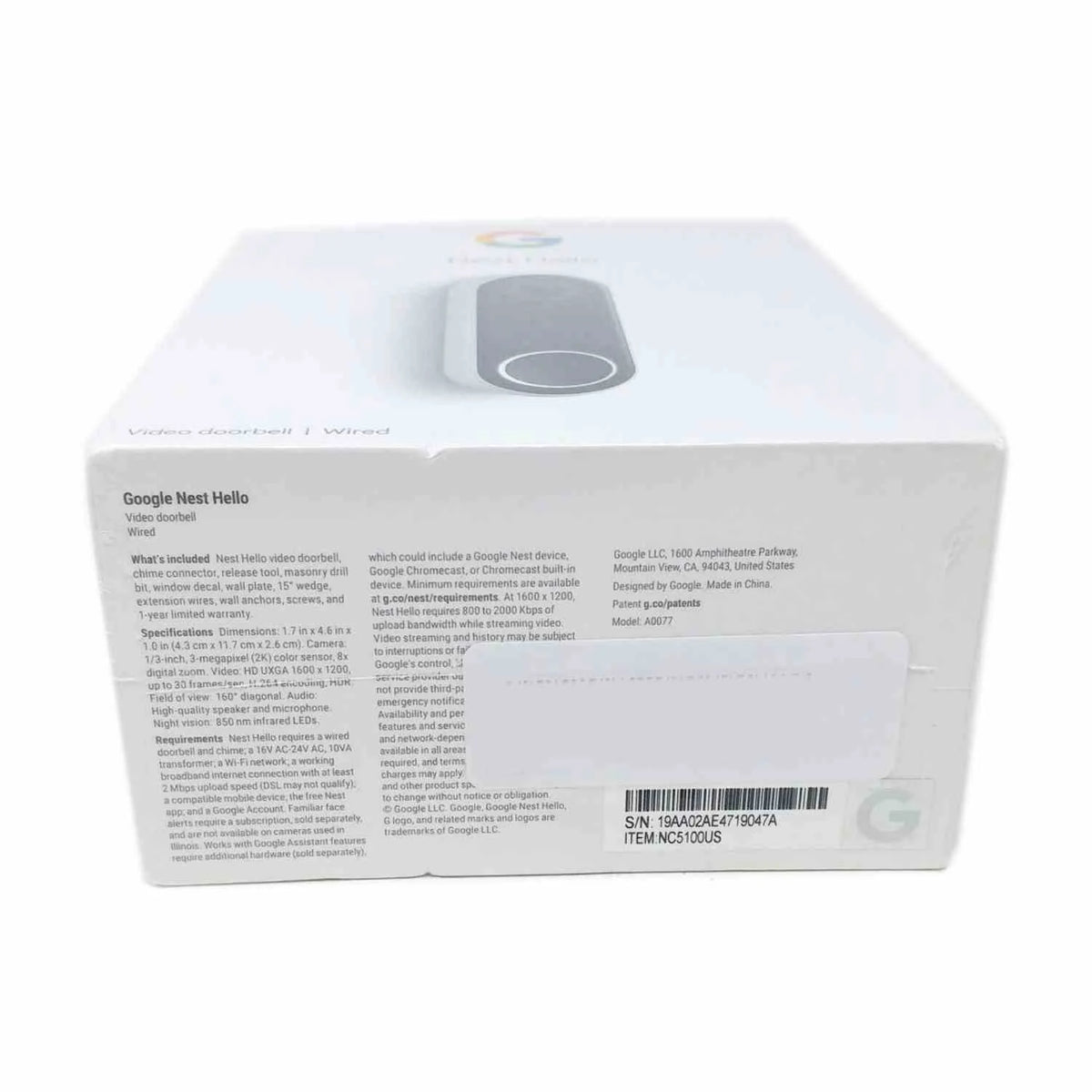 Google Nest Hello NC5100US Smart Wi-Fi Video Doorbell