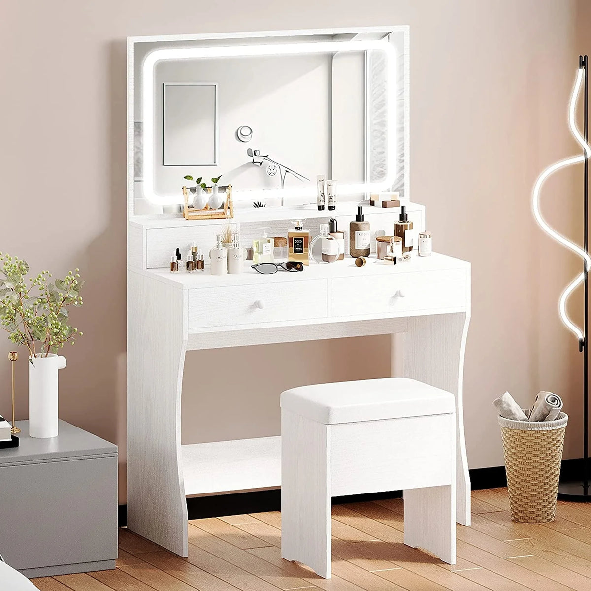 IRONCK Vanity Makeup Table Desk Set with LED Light Mirror & Power Outlet,  with 4 Drawers,Modern White