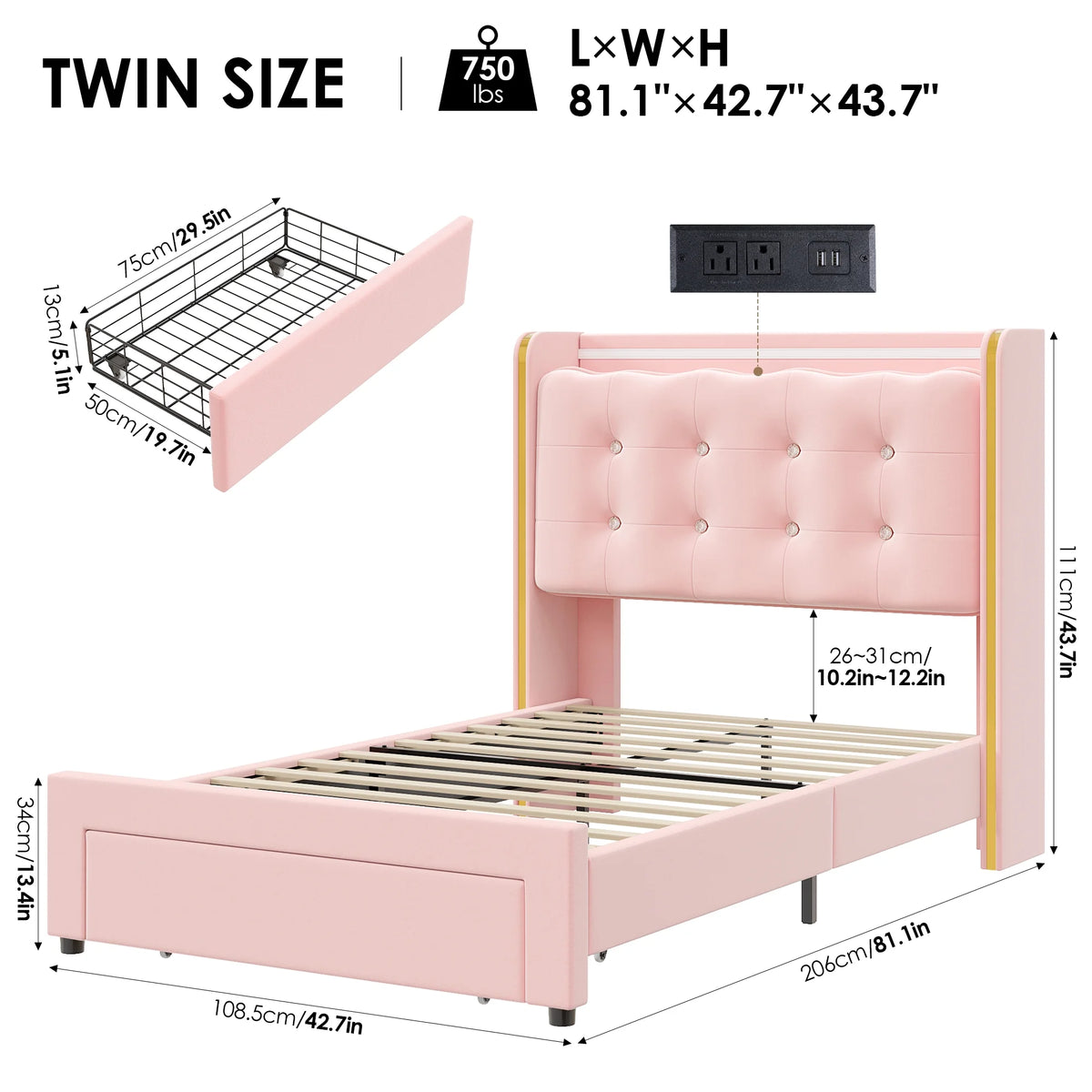 Homfa Twin Size LED Bed Frame with Drawer, Velvet Crystal Button Upholstered Platform Bed Frame with Outlets and USB Ports & Display Platform, No Box Spring Needed, Pink