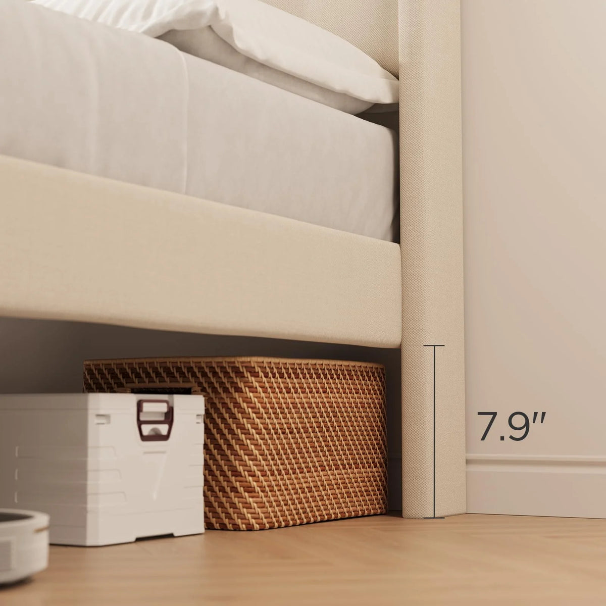 Full Size Bed Frame with Headboard, Under-Bed Storage, 850lbs, Beige