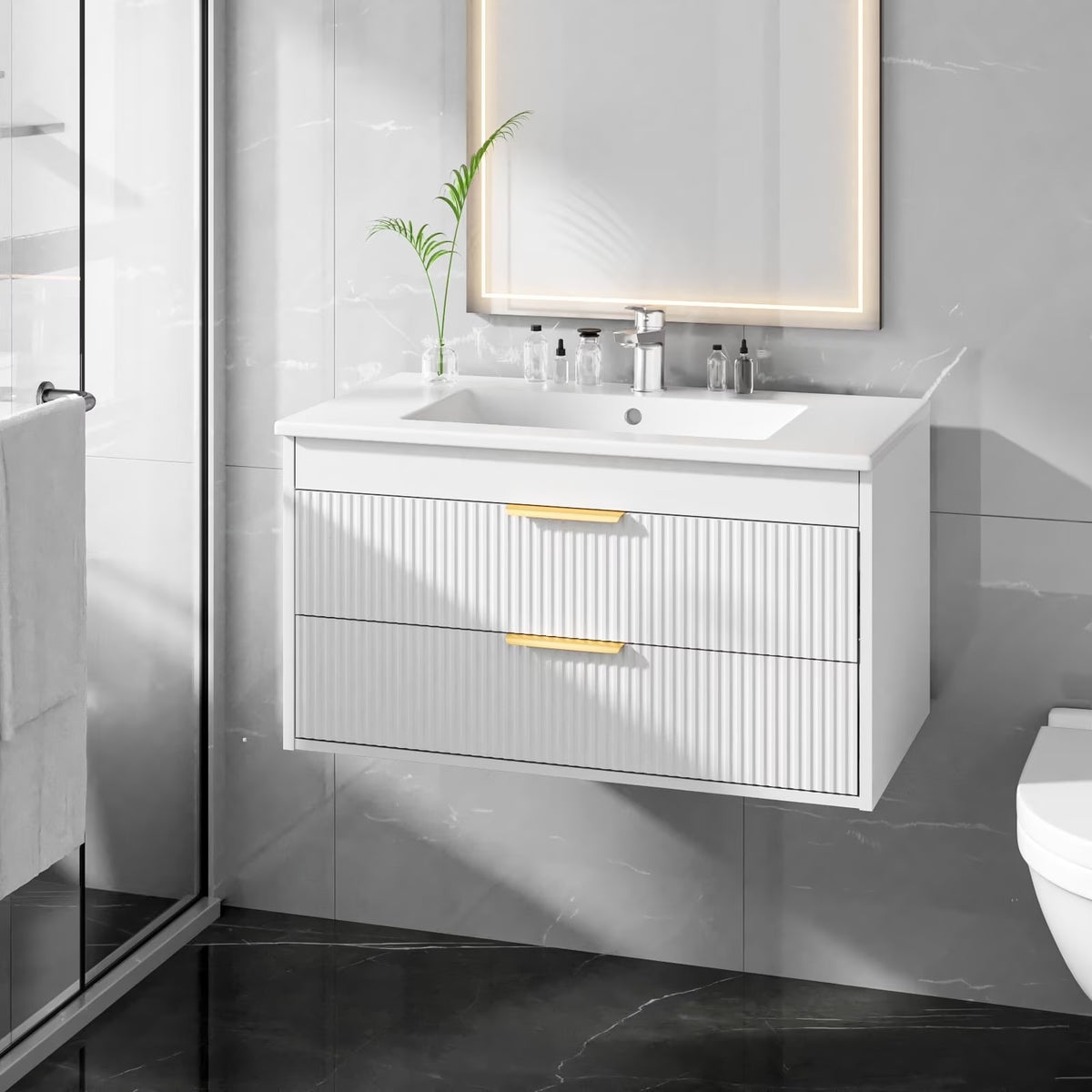 Advwin 30" Wall Mounted Bathroom Vanity with Ceramic Sink, Modern Floating Bathroom Storage Cabinet with Sensor Light & 2 Extra Large Drawers, White
