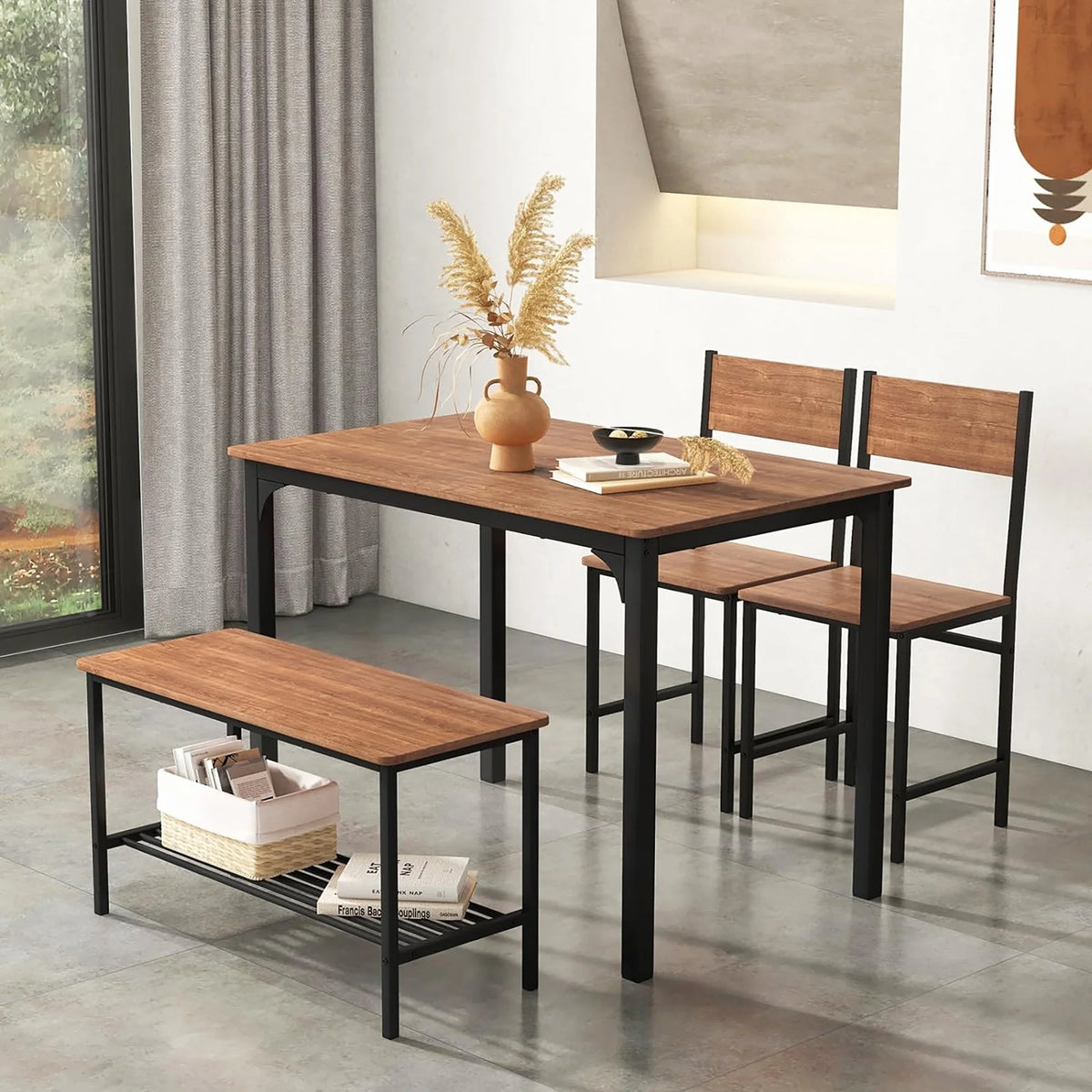 Gymax 4pcs Dining Table Set Rustic Desk 2 Chairs & Bench w/ Storage Rack Grey