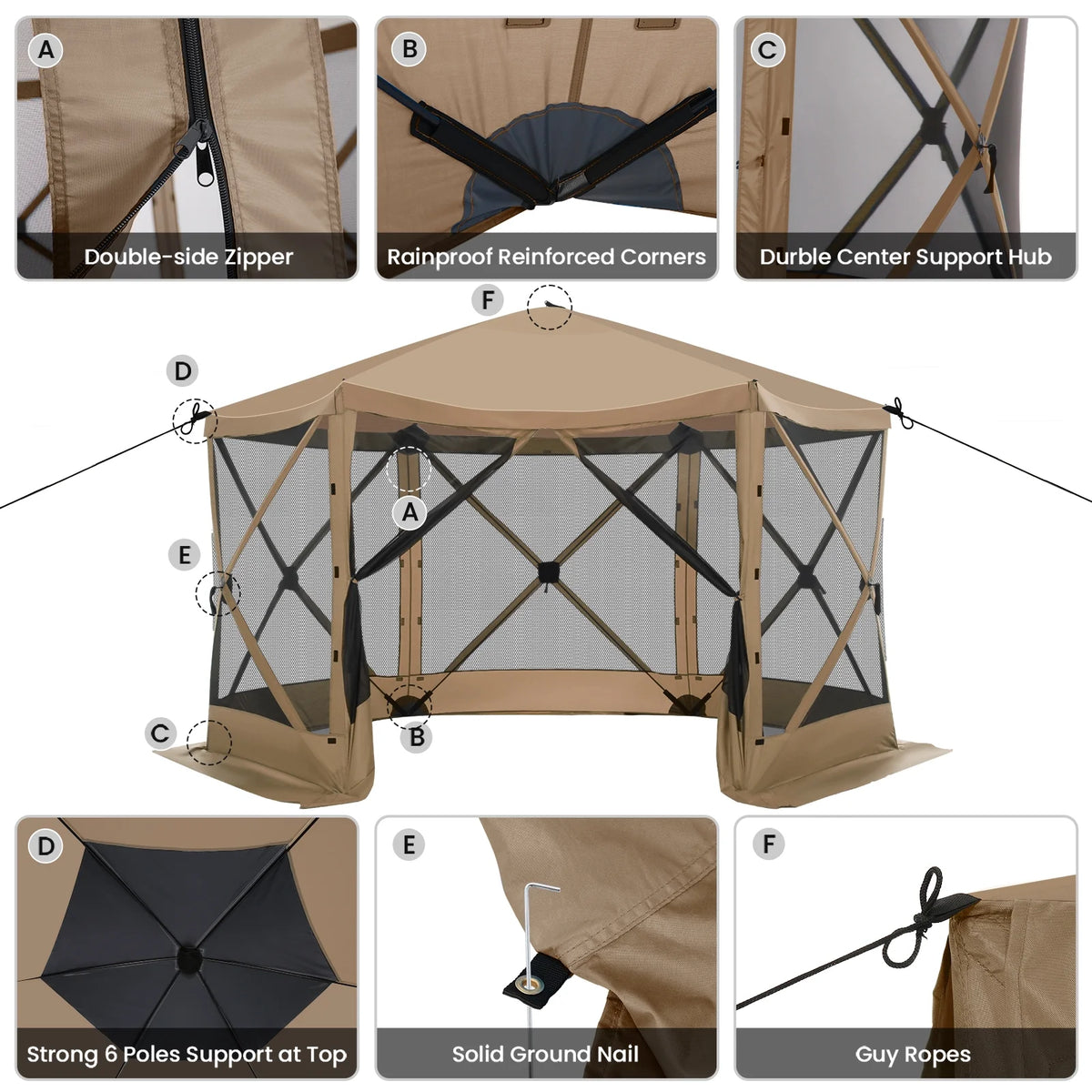 SANOPY 12'x12' Gazebo Outdoor Pop up Gazebo Screen Tent with 6 Sides Mosquito Netting Camping Gazebo Instant Shelter Glamping Tent with Carry bag, Ground Spike, Gray