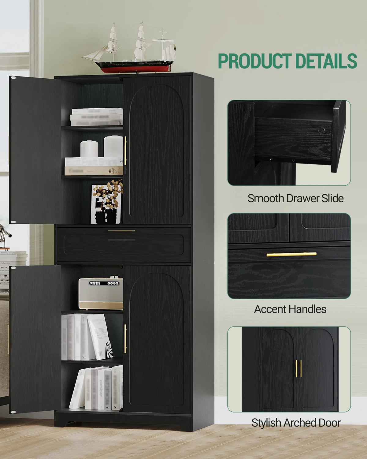 Kitchen Pantry Storage Cabinet, Freestanding Storage Cabinet with 4 Adjustable Shelves