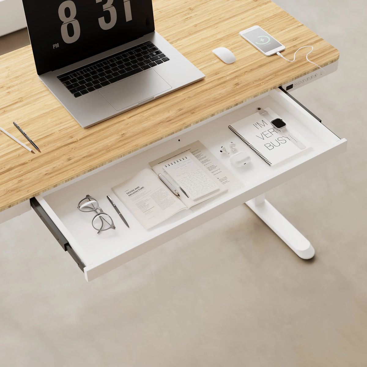 FLEXISPOT 48" W Home Office Height Adjustable Standing Desk White and Maple with USB Charge Ports and Embedded Drawer