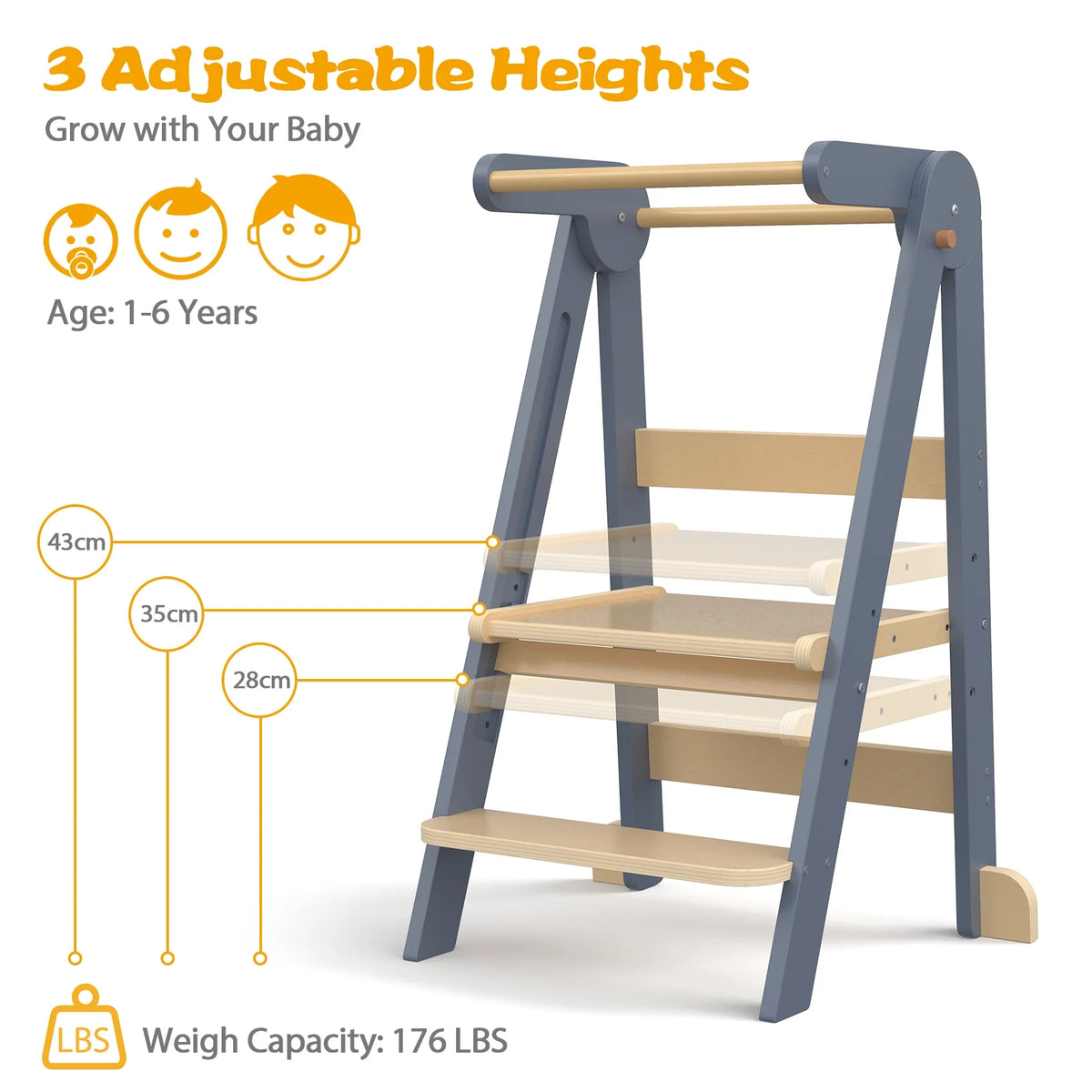 JOZ Kitchen Toddlers Step Stool, Montessori Kids Learning Stool, Foldable Toddler Tower for Counter, Standing Helper for Children, 3 Adjustable Heights, Wooden, White