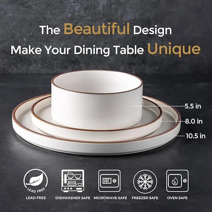 Vanilla White High-Rim Ceramic Dinnerware Set for 8 Shatterproof Oven Dishwasher Microwave Safe